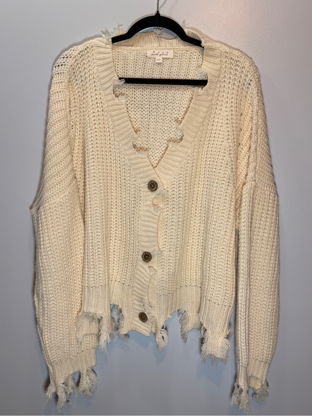Sweet Generis Distressed Ivory Button-Front Knit Cardigan